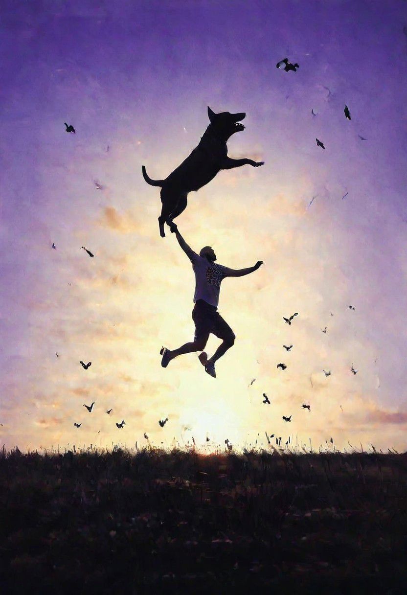 F-B-C, silhouette, foreground: dog head mouth open, background: man jumping, effect: man jumping into the dog's mouth