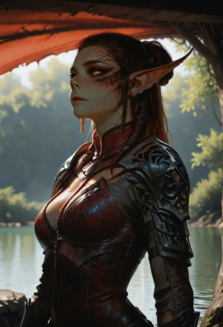 masterpiece, ultra-HD, cinematic lighting, photorealistic, impressionism (1.5), high detail, depth of field, (blurred background), (dramatic lighting),masterpiece, best quality, very aesthetic,8k,lae'zel, 1girl, gith (d&d), slit pupils, yellow eyes, facial mark , pointy ears, scar on face, scar on mouth, scar on forehead,  braided sidelock,  brown hair,  colored skin,  body freckles, toned,  dungeons & dragons, medium breasts,  reflection, wet,  relaxed, dappled sunlight, outdoors, shoulder armor, armor, ridding a red dragon, flying over lake,
masterpiece, best quality, amazing quality, usnr,