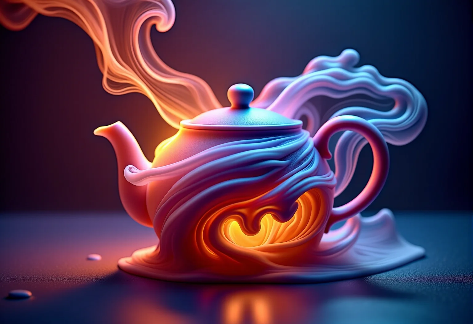 bv-smowormor. An ordinary object, such as a teapot, partially dissolving into smoky spirals, the solid structure gradually fading into smoke, with the transformation gently mixing with the flickering candlelight, creating a mysterious atmosphere) The scene is captured with a wide-angle shot, showcasing the grandeur of the scene, with the interplay of vibrant colors and smoky trails blending into the environment. The lighting is designed to create an enchanting, dreamlike glow with soft, diffused highlights accentuating the smoke transitions. The scene features reflective surfaces, like water or glass, that enhance the transformation by bouncing light off the smoke, amplifying its surreal quality. The style is a photorealistic depiction, capturing the beauty of partially transformed forms and glowing smoky accents. , <lora:bv-smoke-world-morph-1-0.safetensors:1.0:1.0>