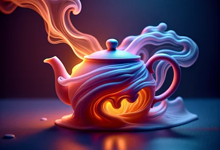 bv-smowormor. An ordinary object, such as a teapot, partially dissolving into smoky spirals, the solid structure gradually fading into smoke, with the transformation gently mixing with the flickering candlelight, creating a mysterious atmosphere) The scene is captured with a wide-angle shot, showcasing the grandeur of the scene, with the interplay of vibrant colors and smoky trails blending into the environment. The lighting is designed to create an enchanting, dreamlike glow with soft, diffused highlights accentuating the smoke transitions. The scene features reflective surfaces, like water or glass, that enhance the transformation by bouncing light off the smoke, amplifying its surreal quality. The style is a photorealistic depiction, capturing the beauty of partially transformed forms and glowing smoky accents. , <lora:bv-smoke-world-morph-1-0.safetensors:1.0:1.0>