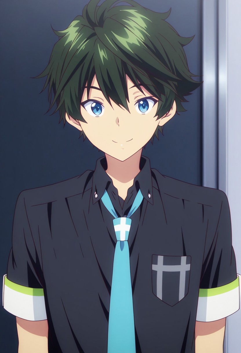 masterpiece,best quality,amazing quality, source_anime, 
HaruhikoIchijo, 1boy, male focus, solo, blue eyes, green hair, school uniform, shirt, black shirt, collared shirt, necktie, blue necktie, short sleeves, smile,