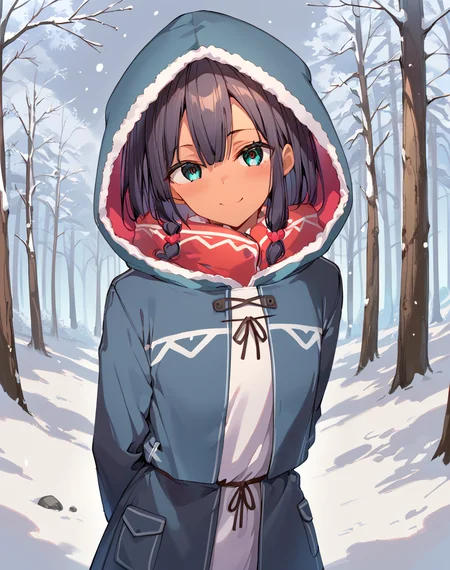 yuui_laika, black hair, medium hair, sidelocks, tied sidelocks, aqua eyes, dark-skinned female, dark skin, long sleeves,hood, winter clothes, grey coat, BREAK outdoors, forest, snowing, snow, winter BREAK arms behind back, smile, blush, looking at viewer BREAK score_9, score_8_up, score_7_up, source_anime ,zPDXL, <lora:Yuui_Laika-000023:0.8>