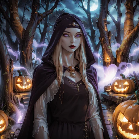 source_anime, source_game, score_9, score_7_up, 41L353iDK0N4, 1girl, blonde hair, long hair, sidelocks, pale skin, cheekbones, red lips, purple eyes, hooded_cloak, dress, pendant, necklace, headband, fog, dark, night, haze, scenery, forest, detailed, detailed background, jack-o'-lantern, Halloween, green glow, orange glow,