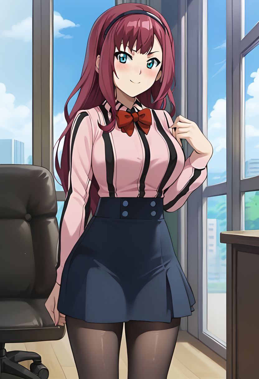 BREAK score_9, score_8_up, score_7_up, anime style, Christina Kuroda, full body, huge breasts, wide hips, thick thighs, whites skin, pink hair, long hair, blue skirt, pink shirt, shirt with black stripes, blue eyes, red bowtie, black headband with the Beyblade symbol, skirt with four buttons and two white stripes, long black stockings, red shoes, background office, looking at viewer, seductive