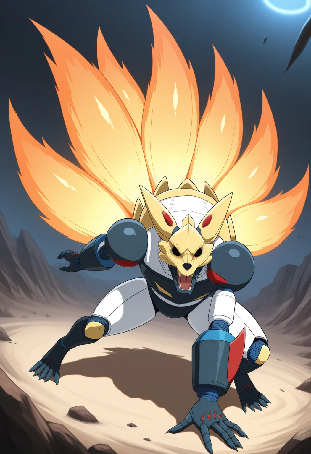 masterpiece,best quality,amazing quality, 1boy, solo, kur4m4R, robot fox, nine fire tails, no pupils, full body, attack stance, incoming_attack, roaring, outdoors,