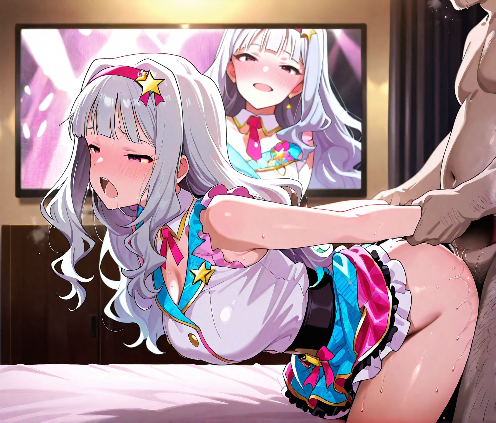 masterpiece, best quality, newest, absurdres, highres, detailed eyes, beautiful, detailed background, perfect eyes, anime coloring, anime screencap,
<lora:Using_sex_to_secure_deals:0.8>Using_sex_to_secure_deals,
Using sex to secure deals,
half-closed eyes, blush, netorare, 
girl on TV in the background, sex from behind,
while fucking a man in the foreground, arms grab,
  idol fashion, 
shijou takane,  idolmaster, official art, 
fat man,ugly man, faceless male, old man,