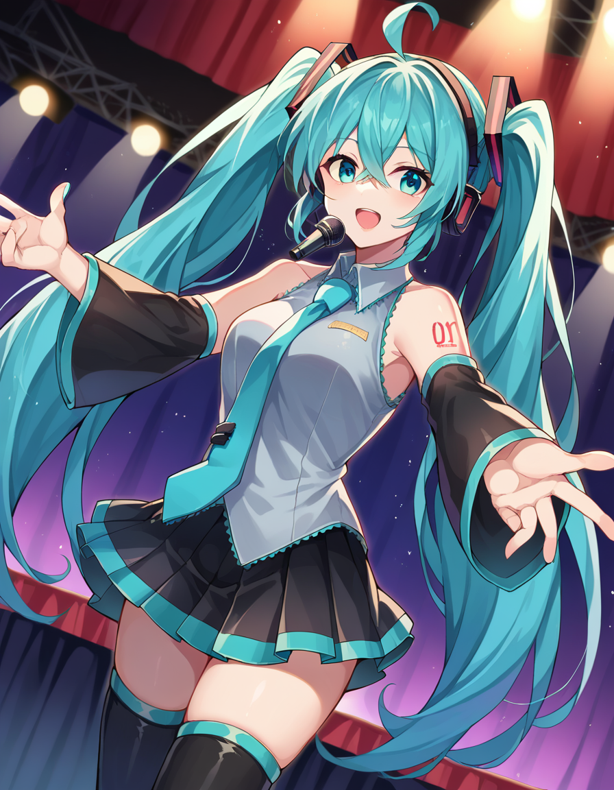 score_9, score_8_up, score_7_up, source_anime,
mikuhatsune, <lora:miku-hatsune-ponyxl-lora-nochekaiser:1>,
miku hatsune, ahoge, aqua eyes, aqua hair, crossed bangs, hair between eyes, hair ornament, headphones, long hair, twintails, mature female,
aqua necktie, black footwear, black skirt, black sleeves, boots, collared shirt, detached sleeves, grey shirt, necktie, pleated skirt, shirt, skirt, sleeveless, sleeveless shirt, thigh boots, tie clip,
indoors, stage, stage lights, concert, microphone, holding microphone, audience, singing,
looking at viewer, dutch angle, cowboy shot,