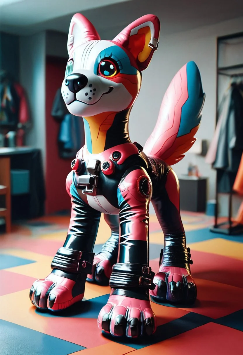 1score_9, score_8_up, score_7_up, intricate details, Latex, inflatable cyberpunk dog, ral-chrosc-clr