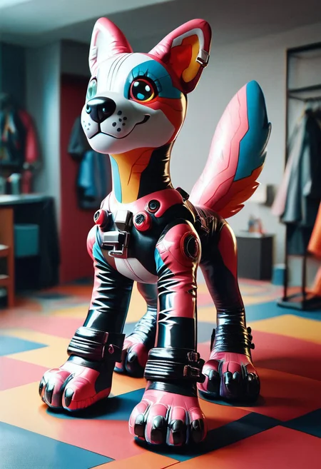 1score_9, score_8_up, score_7_up, intricate details, Latex, inflatable cyberpunk dog, ral-chrosc-clr