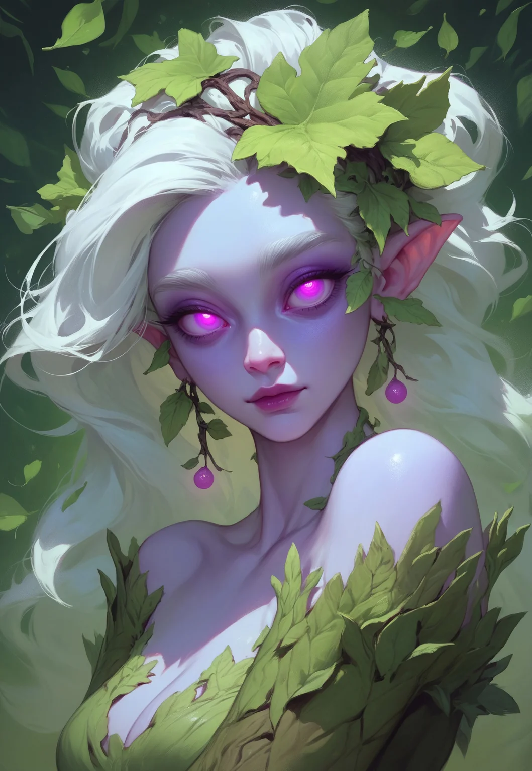 score_9,score_8_up,score_7_up,
1girl, dryad,
leaf hair,
white hair,
glowing pink eyes,
purple eyes,
flat colour eyes,
mature,