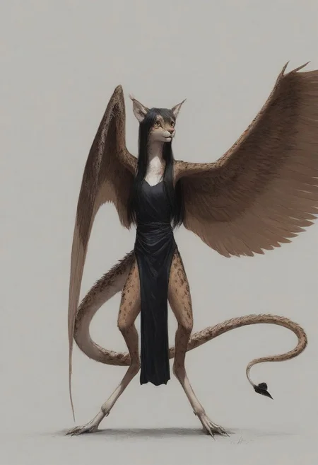 [creature name: Palagiri]
1 person, harpy, ((no arms, wings only)):1.6, androgynous, flat chest, no breasts, anthro, ((long hair)), ((long toes, nimble toes, handfeet)):1.4,, dynamic pose, detailed face, fully clothed, pelvic curtain skirt, feline features, feline nose, feline ears, ((thick tail, tapering tail, feather tipped tail)), harpy:1.2, large wings, digitigrade legs, rating: safe