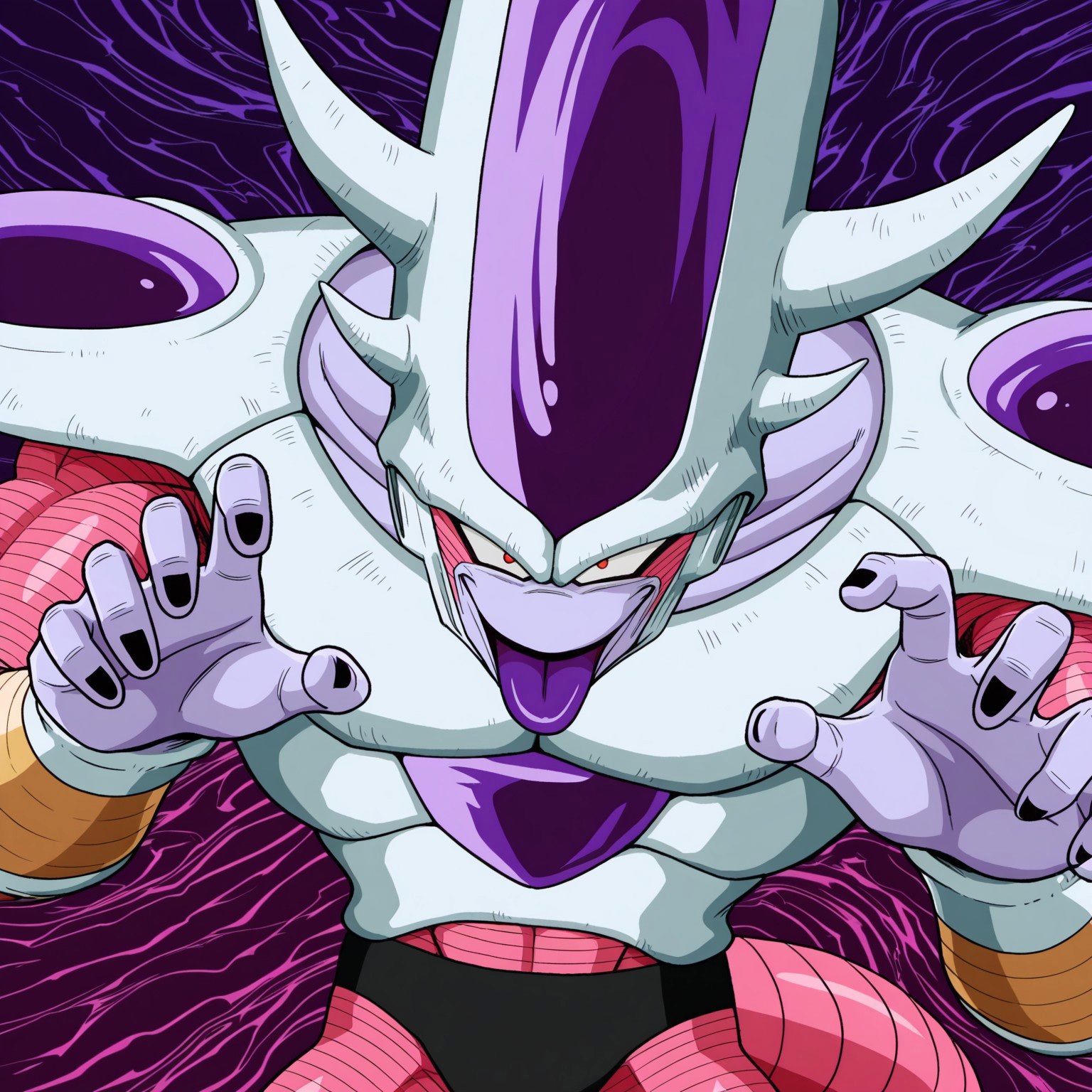 Solo, 2d, 1boy, Frieza3rd, male, humanoid, alien, white and purple armor, very long helmet, horns, spikes, shoulder pads, white and purple headwear, wrist armor, leg armor, black underwear, pink body, purple skin, black fingernails, black toenails, tail, red pupils, muscular, muscular male, hunched body

BREAK hands up, open mouth smile, purple tongue, tongue out, looking at viewer, upper body focus, abstract background, malicious 

BREAK best quality, amazing quality, very aesthetic, absurdres, newest, high quality, highres, masterpiece