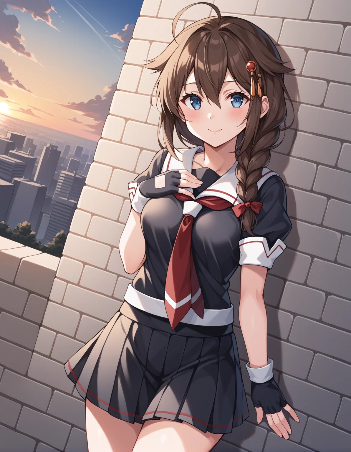 score_9, score_8_up, score_7_up, source_anime, rating_safe, BREAK <lora:shigure_XL-Pony_LoRA-C3Lier_16-16-8-8_AdamW_Un3e-4_Te1.5e-4_10batch:1>, shigure \(kancolle\), 1girl, blue eyes, ahoge, hair flaps, single braid, hair over shoulder, brown hair, long hair, hair between eyes, medium breasts, hair ornament, black serafuku, white sailor collar, red neckerchief, short sleeves, fingerless gloves, black gloves, black skirt, pleated skirt, blush, light smile, dutch angle, closed mouth, looking up, looking at viewer, facing down, hand on own chest, against wall, brick wall, standing, gradient sky, sunset, tree, dappled sunlight, cityscape, cloud