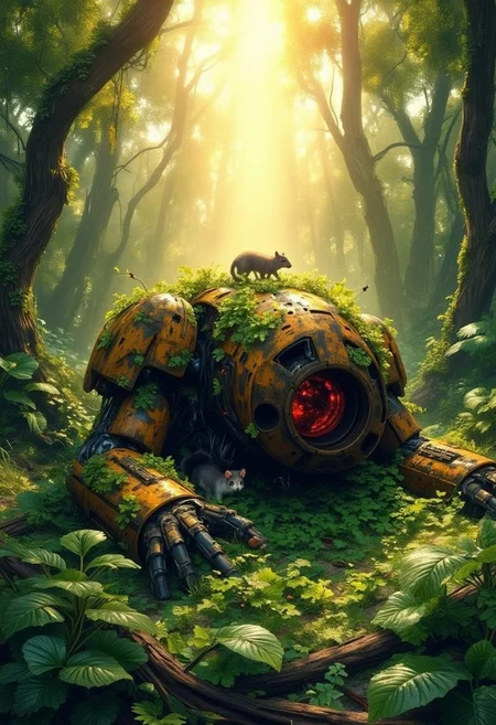 Green_Ruinji, The image is a digital illustration of a mysterious and eerie scene in a forest. The focal point of the image is an old, rusted Mechwarrior that is lying on its side in the middle of the frame. The Mechwarrior is covered in green and yellow leaves, giving it an aged and weathered appearance. There still is a Sim Red glow from The INSIDE of The Mechwarrior. The background is filled with tall trees and ferns, creating a dense canopy of greenery. A bright light is shining through the trees, casting a warm glow on the scene. A small animal can be seen peeking out from behind the Merchwarrior, adding to the eerie atmosphere. The overall mood of the illustration is eerie and mysterious