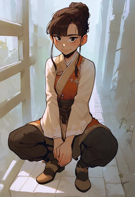 source_anime, score_9, score_8_up, score_7_up, 1girl, solo, Leaning with both hands on the thighs, pov, (Viridian sarashi), dark brown hair, full body, rating_safe, <lora:sdxl\pony diffusion\artist_styles\incase_old_pony:1.0>