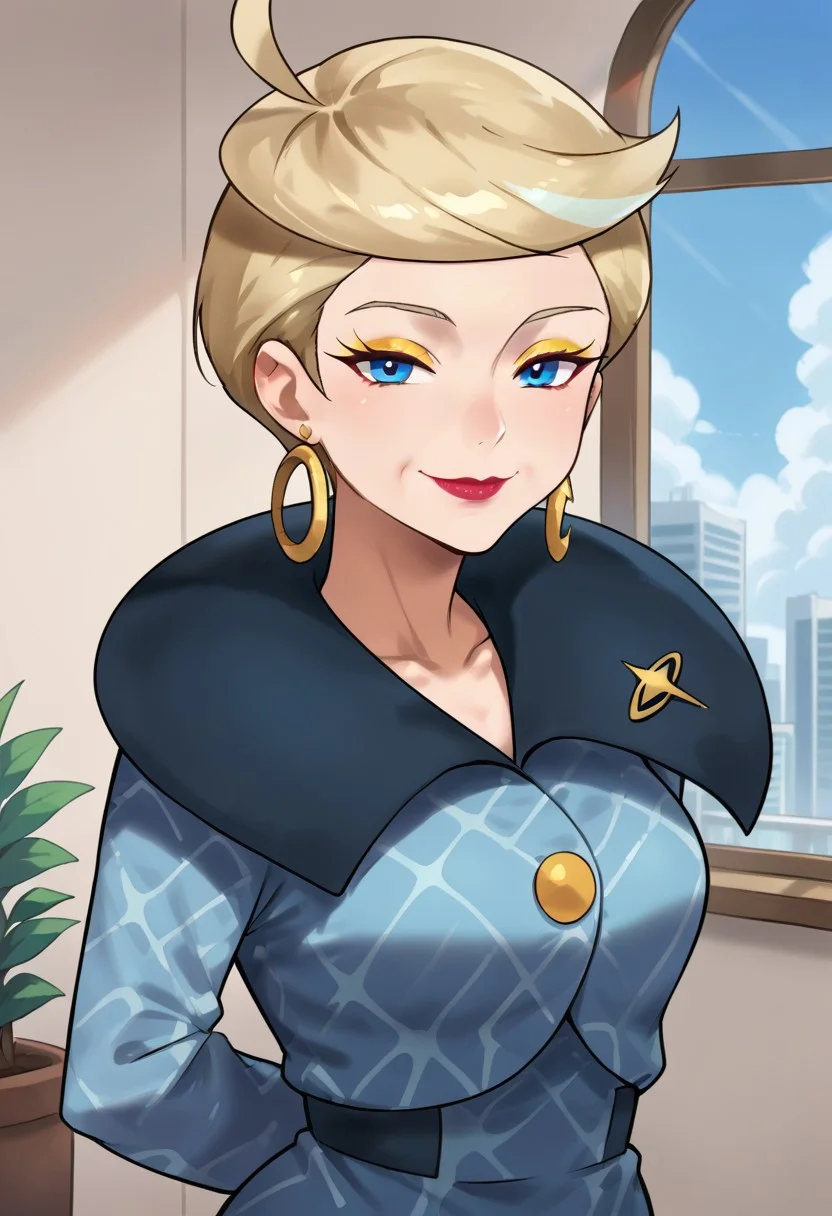 score_9,score_8_up,score_7_up,score_6_up,best quality, background skyscraper, blue sky, clouds, indoors, huge window, 1girl, solo, cowboy shot,
BREAK
jettza, (mature female), wrinkles, blonde hair, short hair, eyeshadow, blue eyes, lipstick, blue collared coat, breasts, ahoge, arms behind back, smile, detailed eyes, looking at viewer, hoop earrings,