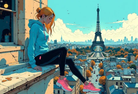 A dynamic anime-style illustration of a glamour woman sitting on the edge of a building in paris, overlooking the eiffel tower, high above the city. She has her legs stretched forward with her hands gently resting on her knees, her upper body leaning slightly forward. She wears a bright blue hoodie, black leggings, and vibrant pink sneakers with white soles. Her golden blonde hair flows naturally in the breeze.
The background features a vivid urban cityscape seen from an extreme height, with detailed skyscrapers, small cars, and bustling streets far below. The perspective emphasizes depth and height, creating a thrilling and adventurous atmosphere. The color scheme is dominated by bright blue and pink tones, with no orange elements.
The sunlight casts soft, warm shadows, enhancing the vibrant and energetic mood. The overall composition is dynamic and asymmetrical, with a strong sense of scale and movement in the scene.
<lora:Anime v1.3:1.2> <lora:Blue_Future:0.9>