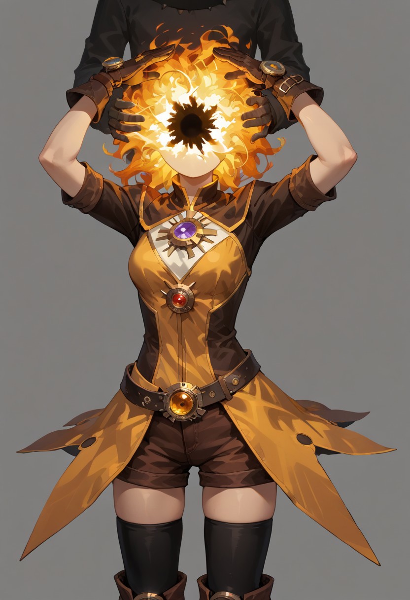 score_9, score_8_up, score_7_up,
lord_of_frenzy, fire head,
novakin, faceless, no eyes, no mouth, no nose, no facial features, short fiery yellow orange hair, body made of black plasma,
open hands, hands on face front,
hands on own head, 
upside-down, backflip,
magical girl outfit, (steampunk dress:1.1), boots, (brown shorts:1.1), black tights, medium breasts, belt, gloves, 
simple background, grey background,