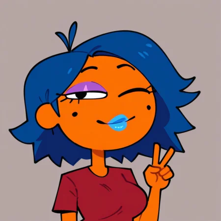 Shebby, female, beauty mark, orange skin, lipstick, 1girl, solo, mole, red shirt, blue hair, v, wink
