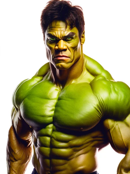 to8highkey style award winning studio portrait color photograph of the incredible hulk with black hair and green skin (isolated against a white background:1.3), (blue rim lighting,:1.3), octane, unreal, high key
