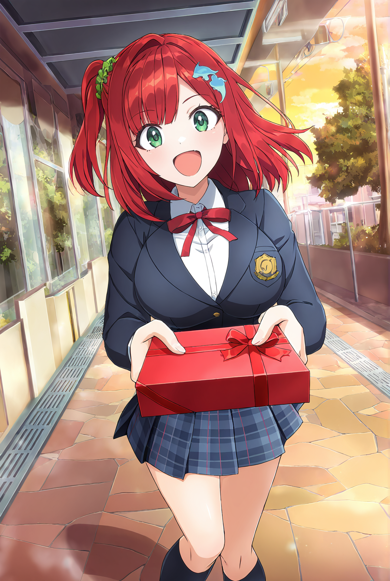 masterpiece,best quality,amazing quality,very aesthetic,absurdres,newest,scenery,anime screenshot,anime coloring,
looking at viewer,female focus,
1girl, solo, green eyes, red hair, medium hair, one side up, bangs,breasts, large breasts,  hair ornament, green scrunchie,:d, open mouth,  school uniform, looking at viewer, plaid skirt, shirt,gift box, kneehighs,  holding gift, incoming gift, red ribbon, blazer, long sleeves
<lora:ãILXLãsakimiya_iruka-000010:0.9>,