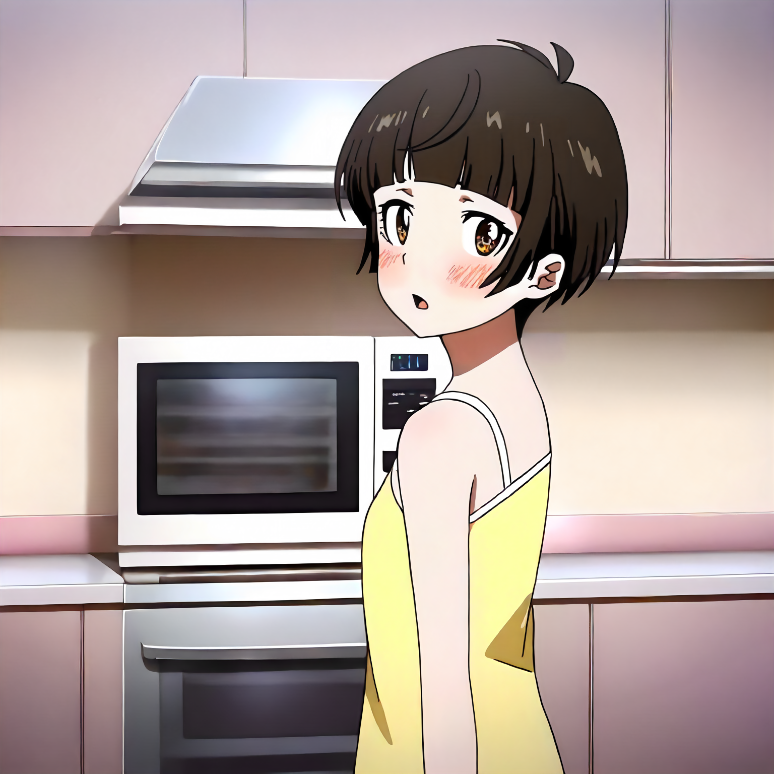 <lora:illustrious_XL_tsunemori:0.9>,
detailed background,kitchen,microwave oven,glitter,
open mouth,blush,
looking at viewer,
solo,
tsunemori,1girl,
yellow camisole,
standing,