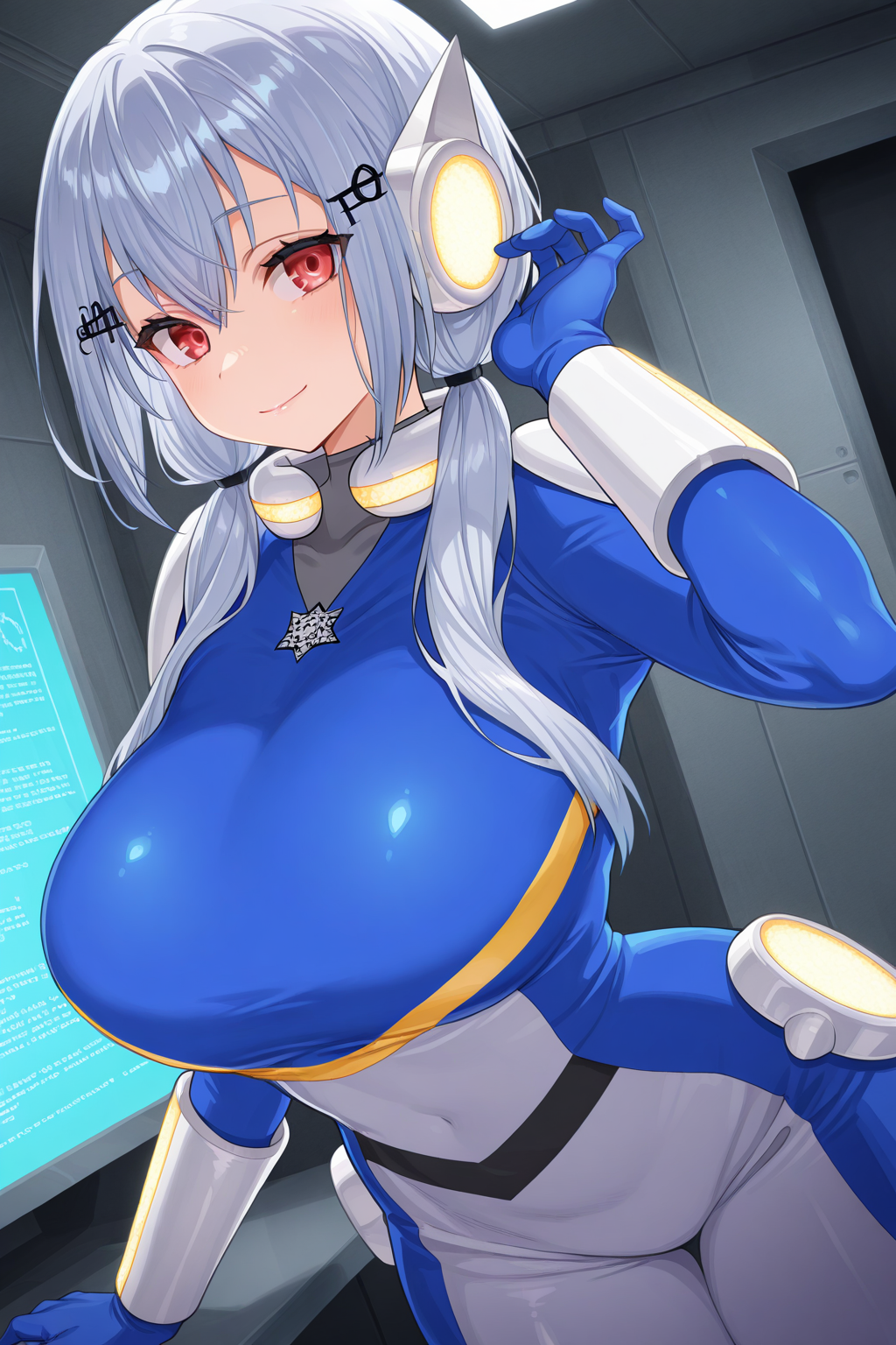 1girl, HakaseFuyukiNijisanji, 
general, solo, dutch angle,
red eyes,
huge breasts,
hair ornament, headphones,
blue bodysuit, 
light smile, looking at viewer, adjusting hair,
science fiction, indoors,
<lora:kp_HakaseFuyukiNijisanjiBodysuitIllustrious_v1_0:1.0>,
masterpiece, best quality, amazing quality