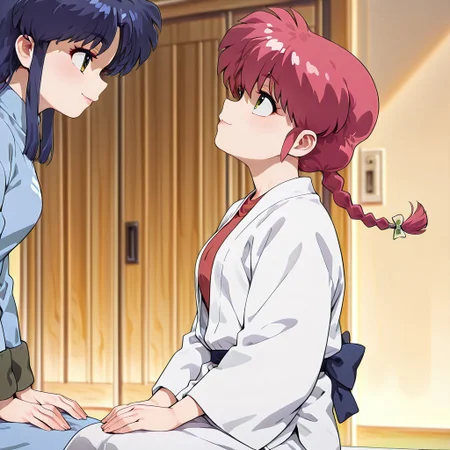 masterpiece,best quality,amazing quality,very aesthetic,absurdres,newest, huge filesize,
<lora:spo_sdxl_10ep_4k-data_lora_webui:0.5>,
<lora:add-detail-xl:1>
1girl ranma, long_hair,red_hair, braided_ponytail, green eyes, sitting female,
1girl akane, low-tied_long_hair, sidelocks, blue_hair, hair_bow, brown_eyes
(from side,side view), seductive smile,
open clothes, looking each other, looking up, focus on face, head at center of frame