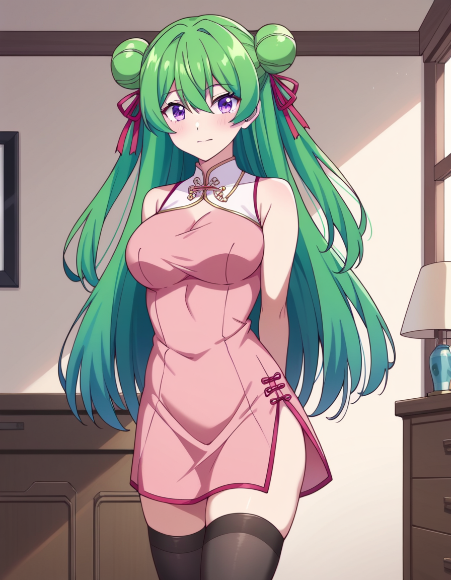score_9, score_8_up, score_7_up, source_anime, uncensored, <lora:StS_detail_slider_v1:3>, zPDXLxxx, <lora:Bai_Mongfa_PONYXL_VexVexX:1>, BaiMongfa, purple eyes, green hair, long hair, hair bun, double bun, bangs, hair between eyes, hair ribbon, red ribbon, medium-large breasts, dress, china dress, pink dress, sleeveless, gloves, fingerless gloves, thighhighs, cowboy shot, bedroom, from front, standing, hands behind back, looking at view, thighs,