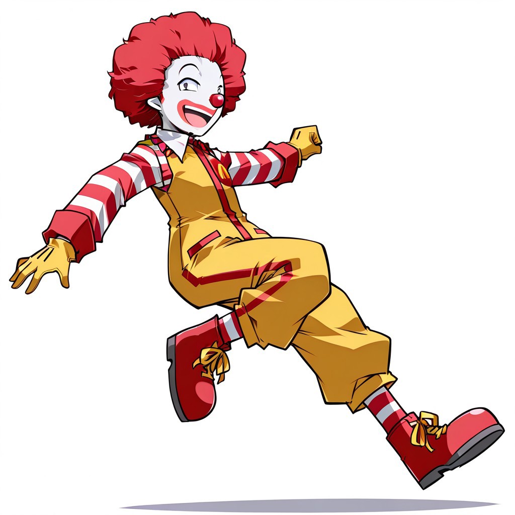 masterpiece, best quality, very aesthetic, absurdres, white background, simple background, hemogurobina1c, hemogurobin a1c, 1boy, RonaldMcDonald, clown, pale white skin, red nose, yellow jumpsuit, red and white striped sleeves, red and white striped socks, red clown shoes, yellow shoelaces, yellow gloves, red seamed pockets, shirt collar, red hair, afro, no ears, solo, male focus, dynamic pose, mouth open