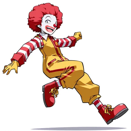 masterpiece, best quality, very aesthetic, absurdres, white background, simple background, hemogurobina1c, hemogurobin a1c, 1boy, RonaldMcDonald, clown, pale white skin, red nose, yellow jumpsuit, red and white striped sleeves, red and white striped socks, red clown shoes, yellow shoelaces, yellow gloves, red seamed pockets, shirt collar, red hair, afro, no ears, solo, male focus, dynamic pose, mouth open