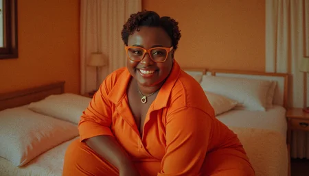 4k, RAW photo, best quality, masterpiece:1.2), ultra high res, (photo realistic:1.2), High detail RAW color photo, (realistic, photo realistic:1.4), ((best quality)), black asian woman ((mature 29 year old woman)). 1girl,  plump curvy body, perfect cute face, thick thighs, orange-framed eyewear, glasses, short brown hair, teeth, uncensored, army green eyes eyes, smile, looking at viewer, body facing viewer, bedroom background, wearing a orange:1.2 skin tight jumpsuit