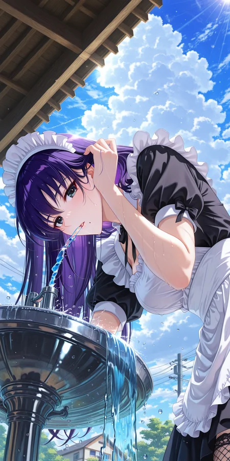 <lora:osakabe_itoko_illustrious_xl_v1:1>,osakabe itoko,black eyes,purple hair,long hair,<lora:re4lity:0.1>,re4lity_sync_illu,nature,purple flower,cloudy sky,sunlight,sunlight filtering through the trees,1girl,solo,utility pole,scenery,house,magnificent_architecture,
<lora:tesst_3333:0.3>,<lora:XXX477:0.3>,xxx667_illu,looking_up,glowing,mole under mouth,wind,(black stockings:1.1),from_below,cowboy_shot,hair_tucking,upper_body,bust,summer,
((bend over:1.1)),((head_down:1.2)),drinking fountain,faucet,drinking,fountain,water,water drop,
<lora:Frenchmaid_IL:0.8>,wearing Jedfrmil,french maid,black heels,frilly black dress with white apron,fishnet stockings,(looking_at_viewer:1.2),maid headdress,, masterpiece,best quality,cinematic lighting,amazing quality,very aesthetic,absurdres,best quality,4k,upscale