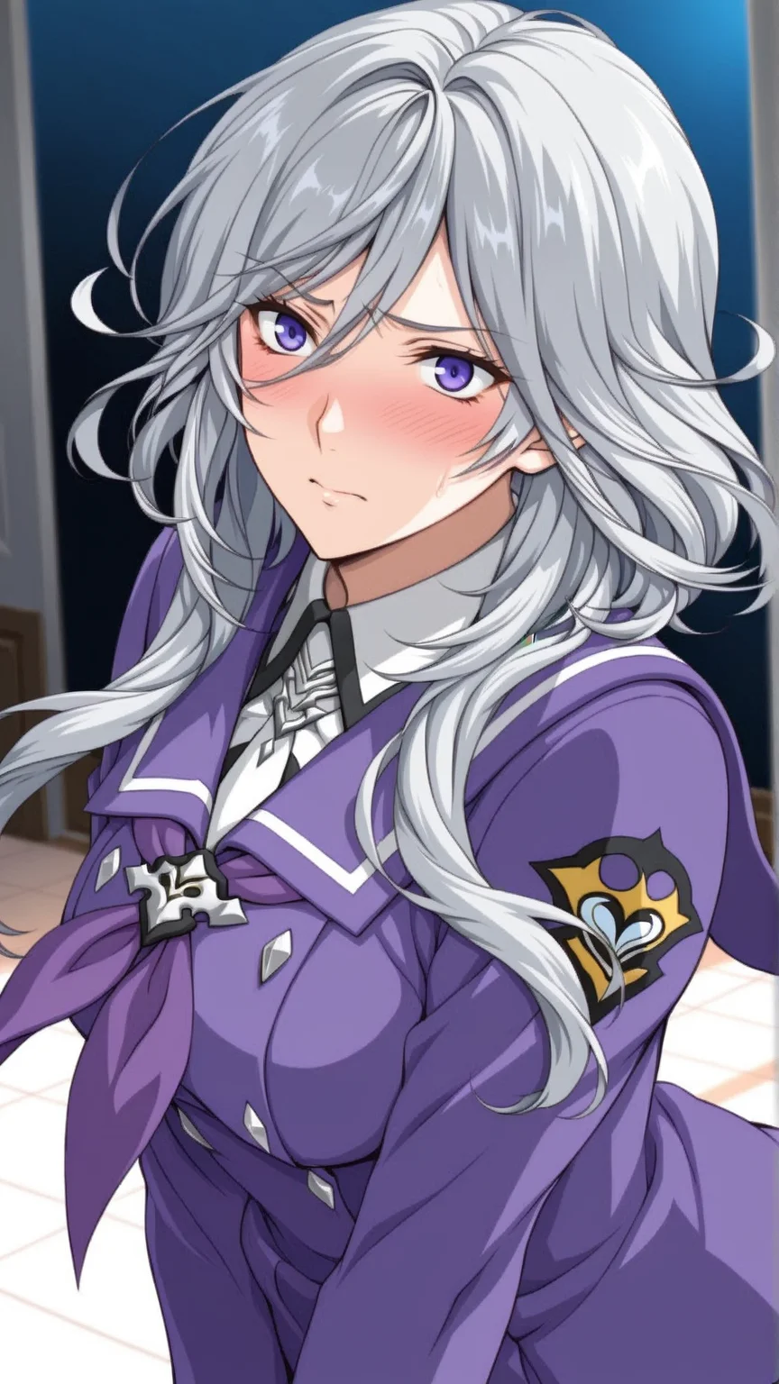 source_anime, general, best quality, masterpiece, 1girl, <lora:Ziony_Regis_ill_v1.0:1> ziony_regis\(srw\),blue eyes, white hair,grey hair, purple eyes,long hair,serafuku,embarrassed, dynamic pose, dutch angle,