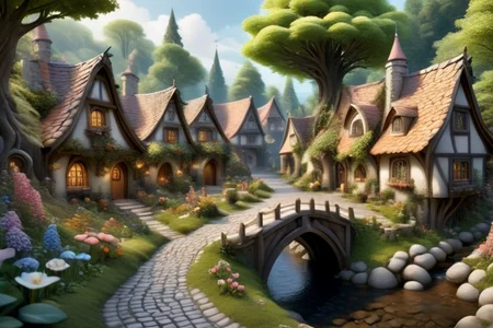 <lora:Fairy_Tale_Village:1>a beautiful fairy tale village with a cobblestone path and a small creek, some trees, and flowers, detailed, realistic, photographic