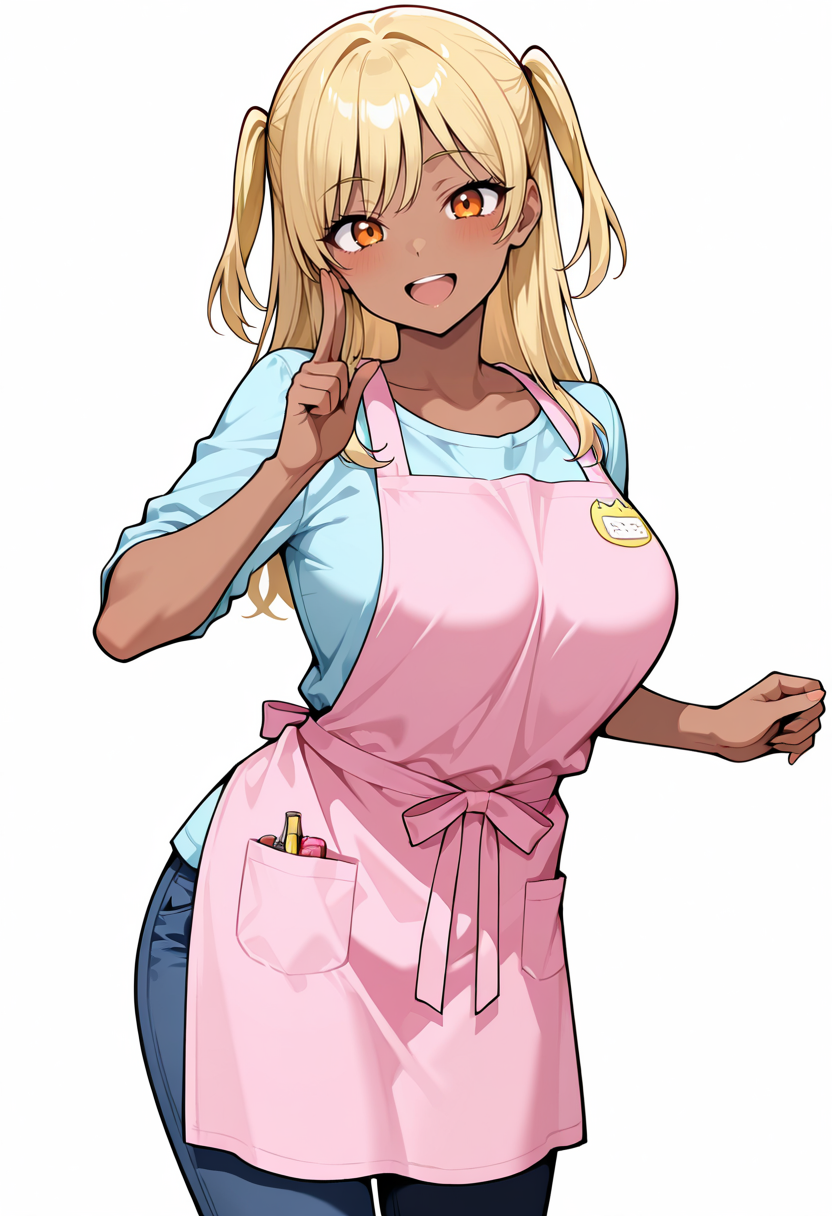 best quality, amazing quality cowboy shot, simple background,((outlined outlined vector graphics)), simple background, cowboy shot, simple background, white background,
1girl, 20yo, (large breast:1.2), orange eyes, (blonde hair:1.3),long hair, (two side up:1.1), (dark skin:1.6), dark skin girl, (tall:1.2), (abs:0.7),bangs ,cute face, solo,
 front view ,  looking at viewer ,  looking at viewer , smile, peaceful, 
, shirt,pants, nursery teacher, nursery-teacher-apron, smile,open mouth , pinkyellow apron,   standing ,  ,  action pose , ,
 <lora:nursery-teacher-apron-il-01:0.7>