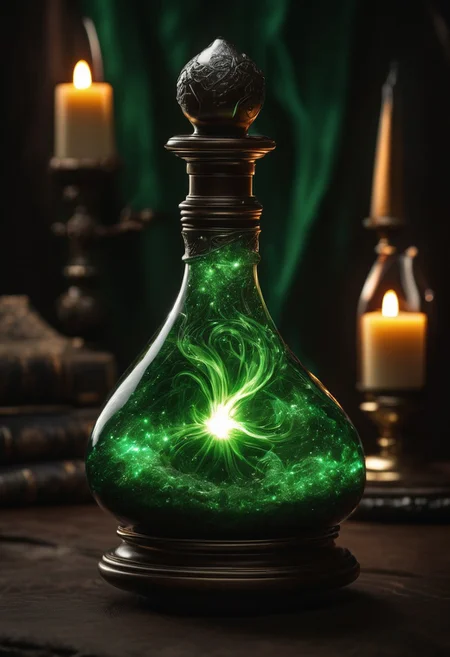 Score_9, Score_8_up, Score_7_up, Score_6_up, Score_5_up, Score_4_up, high_def, highest quality, 4k, best quality, masterpiece, focused, defined, (Photorealistic magic potion:1.3), intricate glass bottle, elixir, dark green colors, pine green, bubbling, ethereal light, flashy lights, magic lights, luminous, dynamic reflections, magical aura, highly detailed, fantasy essence, glowing particles, radiant aura, A3THER