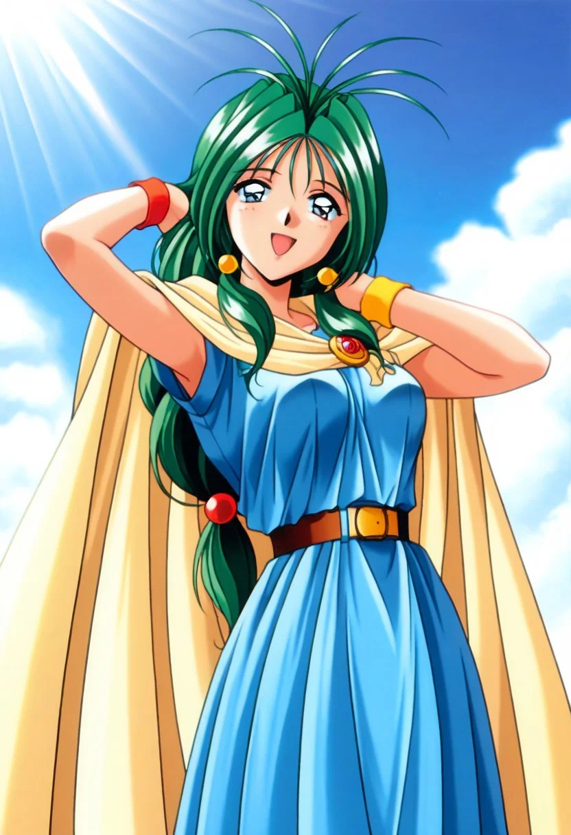 masterpiece, best quality, amazing quality, very aesthetic, high resolution, 1girl, cowboy shot, anime-style, digital art, high resolution, cute girl, smiling, sunlight, bright, clear sky, blue sky, clouds, daytime, outdoor, wind blowing her hair, dynamic pose, cheerful mood, light reflections, detailed background, high quality, beautiful, attractive, light rays, bright lighting, sky, joyful, happy, energetic, bright atmosphere, detailed shading, anime aesthetics, vibrant, lively, braid, jewelry, belt, cape, blue dress, wristband, retro artstyle, 1990s \(style\),
clairemm, blue eyes, green hair, antenna hair, long hair, low-tied long hair, hair bobbles, medium breasts, mature female,