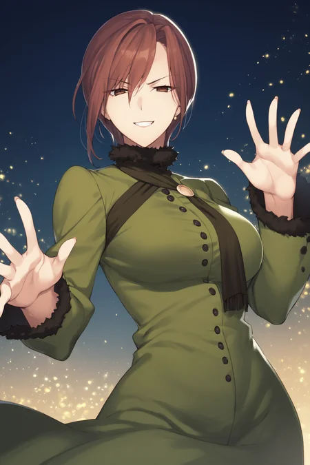 score_9, score_8_up, score_7_up, score_6_up, score_5_up, source_anime, rating_safe, medium breasts, outdoors, dark background, light particles, 1girl, solo, <lora:age_slider_v4:3>, aozaki touko, brown hair, short hair, brown eyes, dress, long sleeves, green dress, scarf, front slit, fishnets, fishnet pantyhose, highheels, <lora:Touko_Aozaki:0.8>, (upper body:1.1), (glaring:1.5), (smile:1.2), (half closed eyes:1.7), open mouth, outstretched hand, palm, palm