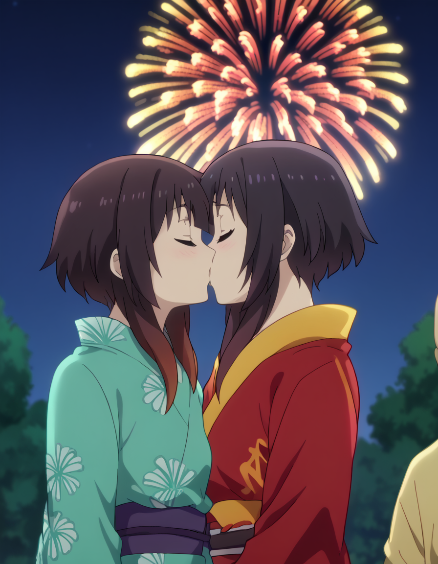 score_9, score_8_up, score_7_up, source_anime, <lora:konosuba-megumin-s2-ponyxl-lora-nochekaiser:1>, megumin, short hair, black hair, short hair with long locks, mature female, small breasts, anime screencap, <lora:fireworks-kiss-ponyxl-lora-nochekaiser:1>, fireworks kiss, kiss, hetero, outdoors, japanese clothes, kimono, sash, night, floral print, couple, kiss, night sky, yukata, fireworks, aerial fireworks, closed eyes,, <lora:faceless-ugly-man-ponyxl-lora-nochekaiser:1>, faceless ugly man, faceless, ugly man, fat, faceless male, fat, bald, mature male,,