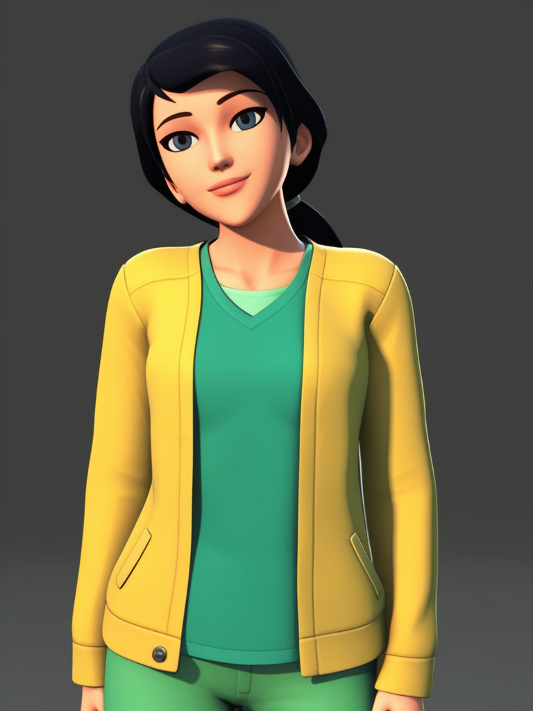score_9, score_8_up, score_7_up, score_6_up, BREAK masterpiece, perfect face, perfect hands, high quality, source_cartoon, BREAK (1girl, solo,) <lora:June_Darby_-_Transformers_Prime:1> june, black hair, short hair, black eyes, low ponytail, (3D, cgi,)yellow open jacket, green shirt, green pants,