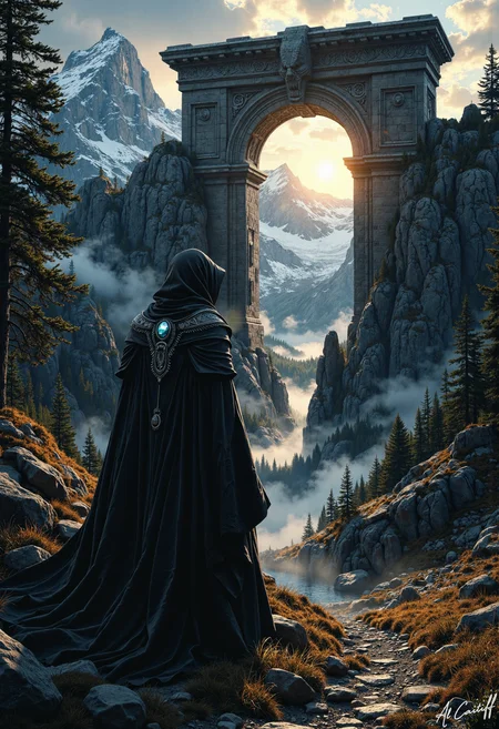High-angle shot, 50mm telephoto lens with slight barrel distortion, minimal motion blur on the figure's cloak, deep f/5.6 depth of field. A hooded figure with a crystalline mask stands at the edge of a misty forest, facing a colossal, ancient temple. The figure's dark, billowy cloak is clasped at the shoulder with a silver brooch shaped like a serpent's head. The figure's hands are clasped behind its back, fingers interlaced. The air is filled with a warm, golden light that emanates from a setting sun behind the temple, casting long shadows across the forest floor. The temple's entrance is a massive, stone archway that frames a stunning vista of a snow-capped mountain range. The sky above is a deep shade of indigo, with a few wispy clouds scattered across it., l1n0c2t<lora:Flux/Linocut - s1 g4.safetensors:0.5000000000000001:0.5000000000000001> <lora:CustomFlux/MysticRealism.safetensors:0.5000000000000001:0.5000000000000001>