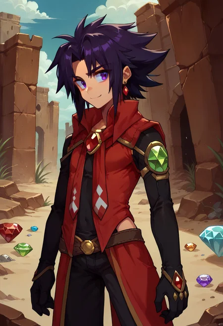 score_9, score_8_up, score_7_up, chaoes emerald, gemstone, gem, red gemstone, gemstones, green gemstone, blue gemstone, <lora:ChaosEmeraldSurrounded_pdxl_Incrs_v1:1>,  ruins,desert,earrings,jewelry ,revin,western cowboy,1boy,leotard,spiked_hair,black_hair,purple eyes,smile,<lora:revin_brenten:0.9>