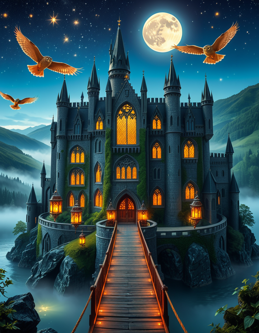 A majestic, ancient castle perched on a rocky hill, serving as a prestigious school for young wizards. The castle is a grand structure with towering spires, intricate gothic architecture, and large stained-glass windows that glow with magical energy. The stone walls are covered in ivy, and enchanted lanterns float around the entrance, casting a soft, mystical glow. A massive wooden bridge leads to the main gate, suspended over a misty, enchanted lake that reflects the moonlight. In the background, rolling green hills and dense, fog-covered forests surround the school, adding an air of mystery. The sky is a deep twilight blue, with stars twinkling and a full moon shining brightly. Some windows in the castle emit warm, golden light, hinting at classrooms filled with spellbooks and students practicing magic. A few owls are seen soaring above, delivering messages. The atmosphere is magical, mysterious, and full of wonder, as if the castle itself is alive with enchantments.
<lora:SDXLFaeTastic2400:0.4> <lora:extremely_detailed:0.4> extremely detailed, <lora:ancient_c4stl3:1>,ancient c4stl3, Masterpiece,best quality,hi res,8k,hi res,8k,award winning,(sharp focus, intricate, highly detailed),
