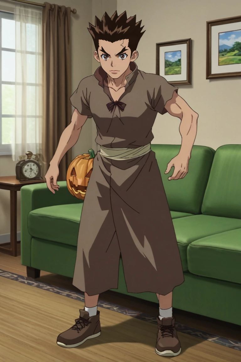 score_9, score_8_up, score_7_up, source_anime, rating_safe, intricate details, anime screencap, , , , , 1boy, solo, male focus, <lora:taiju_ooki_pony:0.98>, taiju_ooki, brown hair, brown eyes, short hair, spiked hair, full body, living room, couch, day, sunny, dynamic pose, distracted, aloof, oblivious, halloween costume, <lora:sdxl_lightning_8step_lora:1>