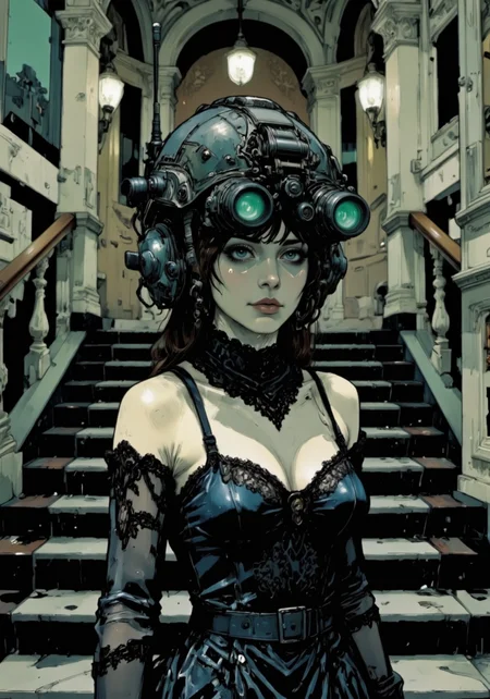 n0ds featuring a protective headpiece equipped with a dual-tube optical device. , A woman clad in an exquisite, vintage-inspired lace dress stands poised on a marble staircase, her head adorned with a tactical military helmet. The helmet, a dark matte black, is outfitted with high-tech night vision goggles that she peers through, casting an eerie green glow over her delicate features. The helmet is also equipped with a built-in communication system, with a small antenna protruding subtly from the back. The contrast between the delicate lace of her dress and the rugged, utilitarian design of the helmet creates a striking visual tension, as if she is a time traveler prepared for any scenario., at night,, Colored JJK Manga Style, (Mangaka style:0.5)<lora:n0ds_epoch_23.safetensors:1.0:1.0> <lora:Jujutsu_Kasien_Colored_Manga-000001.safetensors:1:1> <lora:Mangaka V2.safetensors:0.5:0.5>