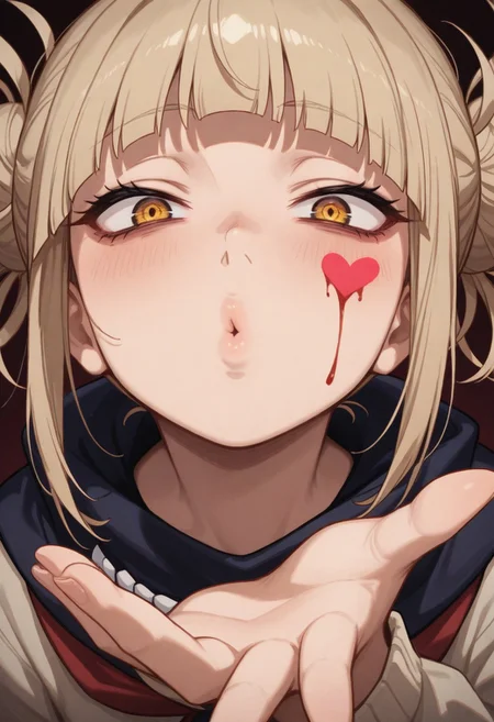 masterpiece, by piaki, best quality, very detailed,
1 girl, Toga Himiko, blonde hair, crazy eyes, insane, fully clothed,
indoor, bedroom,
Close-up, mouth focus, very close-up, blood on face, extremly close-up, looking at viewer,
blowing kiss, heart, puckered lips, o3o