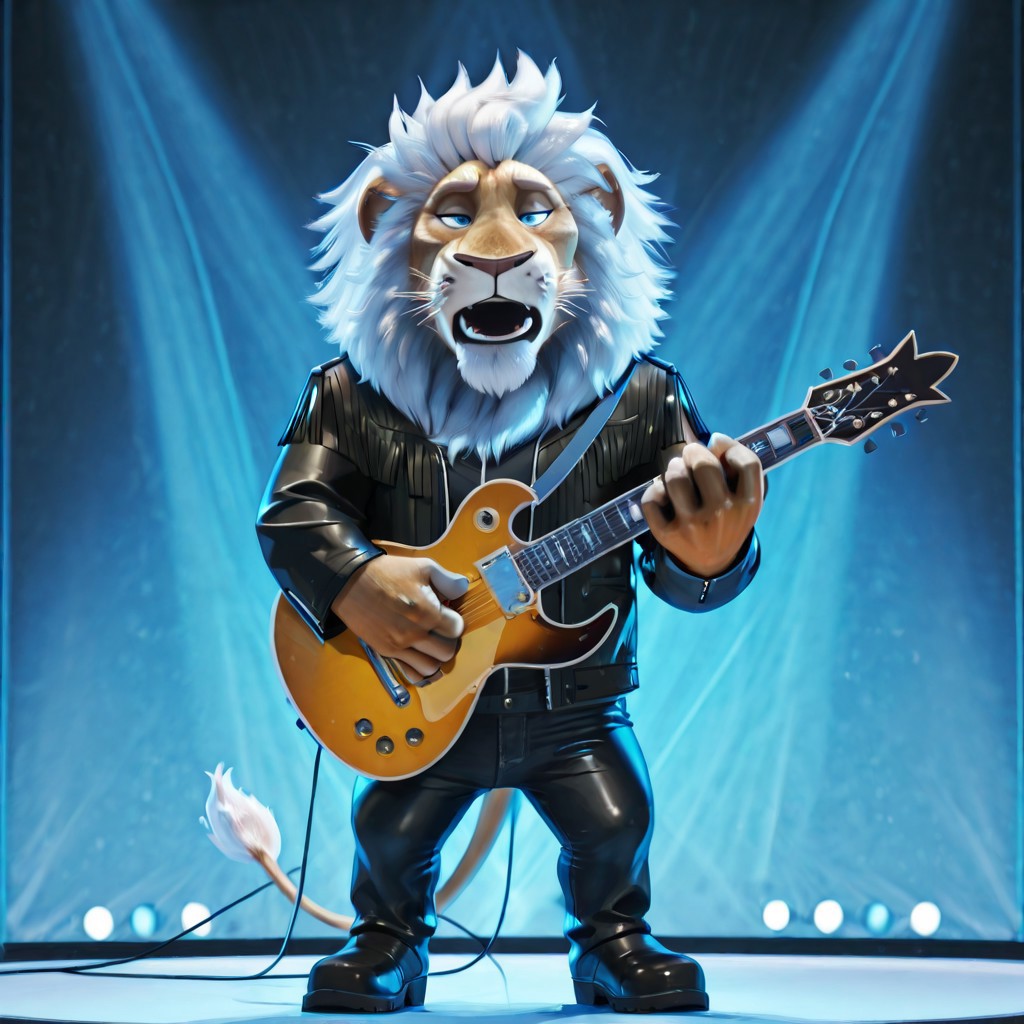 4k, hi res, five fingers, detailed hands, ((detailed face, (detailed eyes:1.0), detailed)), (full body), Calloway, furry male, solo, older male, lion, blue eyes, whiskers, animal ears, white hair, facial hair, tan fur, white mane, white eyebrows, thick eyebrows, black leather jacket, black jeans, black boots, on stage, performing, singing, playing guitar, electric guitar,