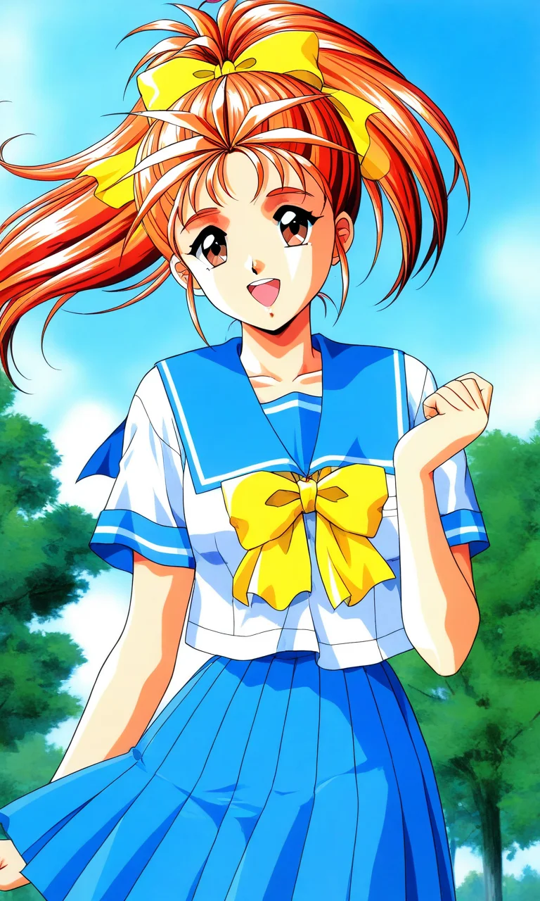 general,highres, ultra-detailed,very aesthetic,best quality ,best hands, BREAK <lora:Saotome_Yumi_Tokimeki_Memorial_IS:1>
Saotome_Yumi(Tokimeki_Memorial), 1girl, solo, brown eyes, orange hair, hair bow, high ponytail, long hair, small breasts,
open mouth, happy,
blue school uniform, serafuku, jewelry, yellow bow, Yellow bow, blue skirt, blue sailor collar, white shirt, pleated skirt, short sleeves, outdoor, tree, sky,