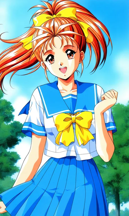 general,highres, ultra-detailed,very aesthetic,best quality ,best hands, BREAK <lora:Saotome_Yumi_Tokimeki_Memorial_IS:1>
Saotome_Yumi(Tokimeki_Memorial), 1girl, solo, brown eyes, orange hair, hair bow, high ponytail, long hair, small breasts,
open mouth, happy,
blue school uniform, serafuku, jewelry, yellow bow, Yellow bow, blue skirt, blue sailor collar, white shirt, pleated skirt, short sleeves, outdoor, tree, sky,